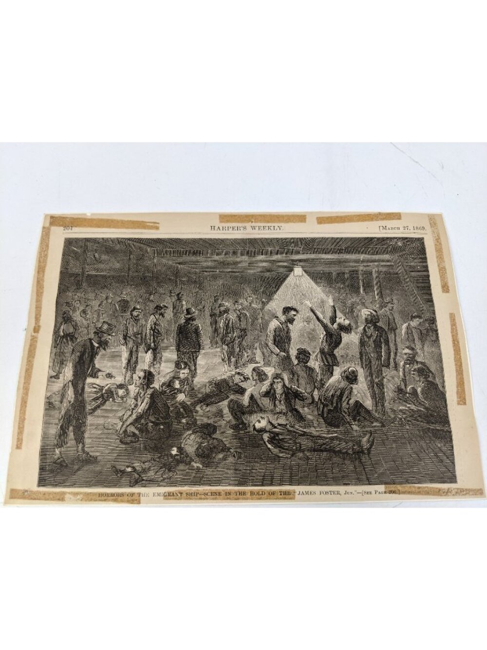 1869 Harpers Weekly Engraving Horrors of the Emigrant Ship Antique Black & White